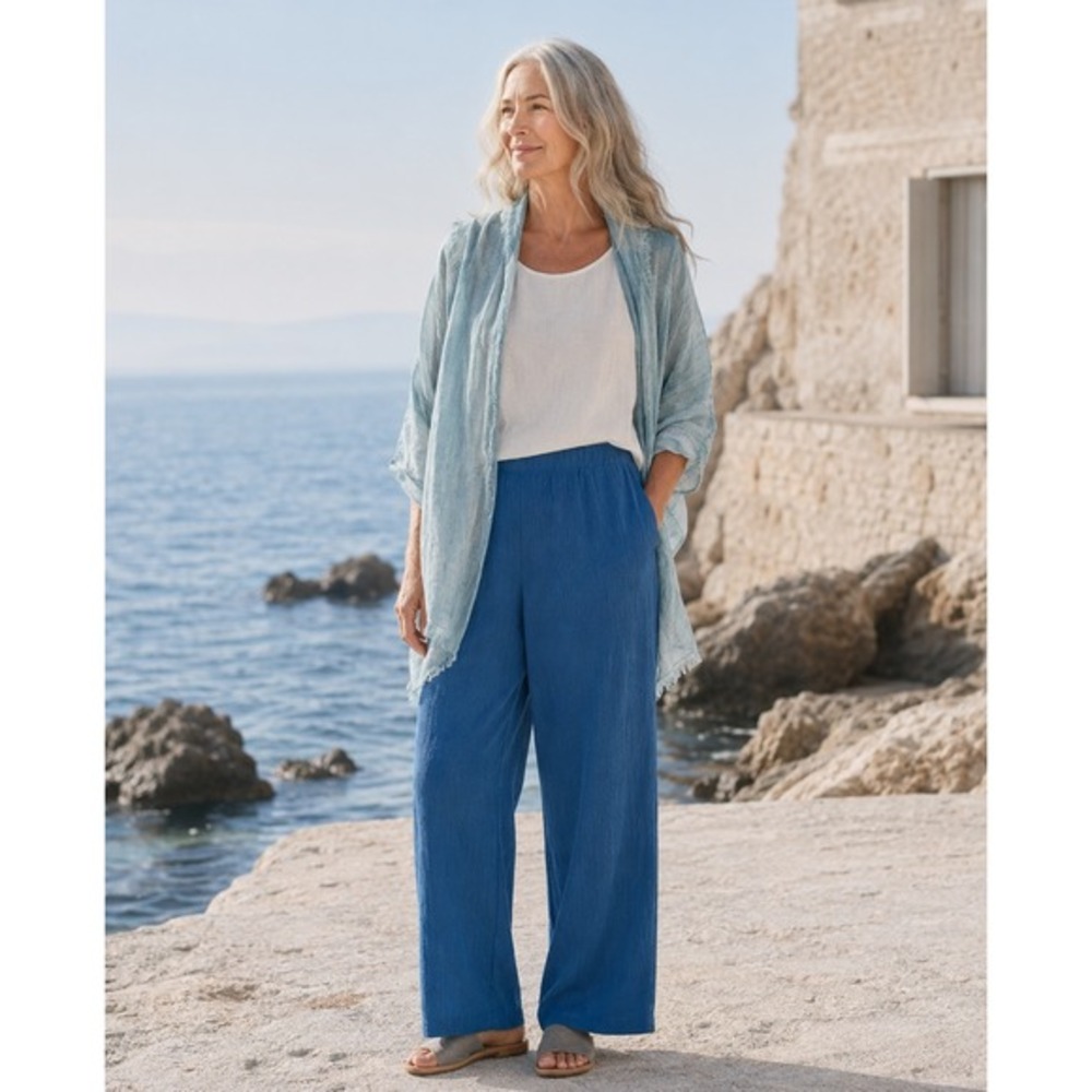 Cuddl Duds Pants Sz XL Blue Crepe Elastic Pull On Waist High Rise Pockets